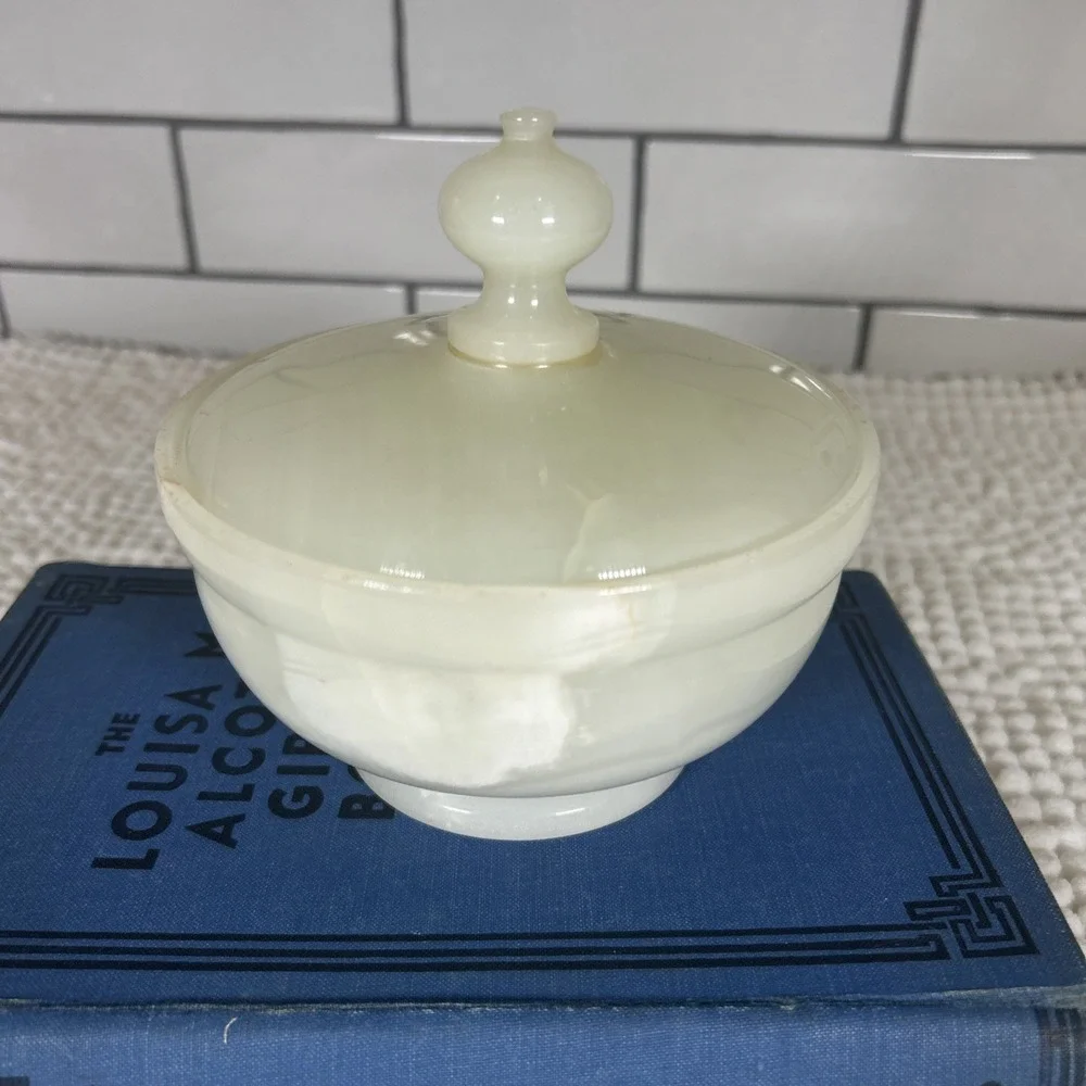 White Onyx Marble Lidded Jar Trinket Candy Dish Cream Heavy App 5
